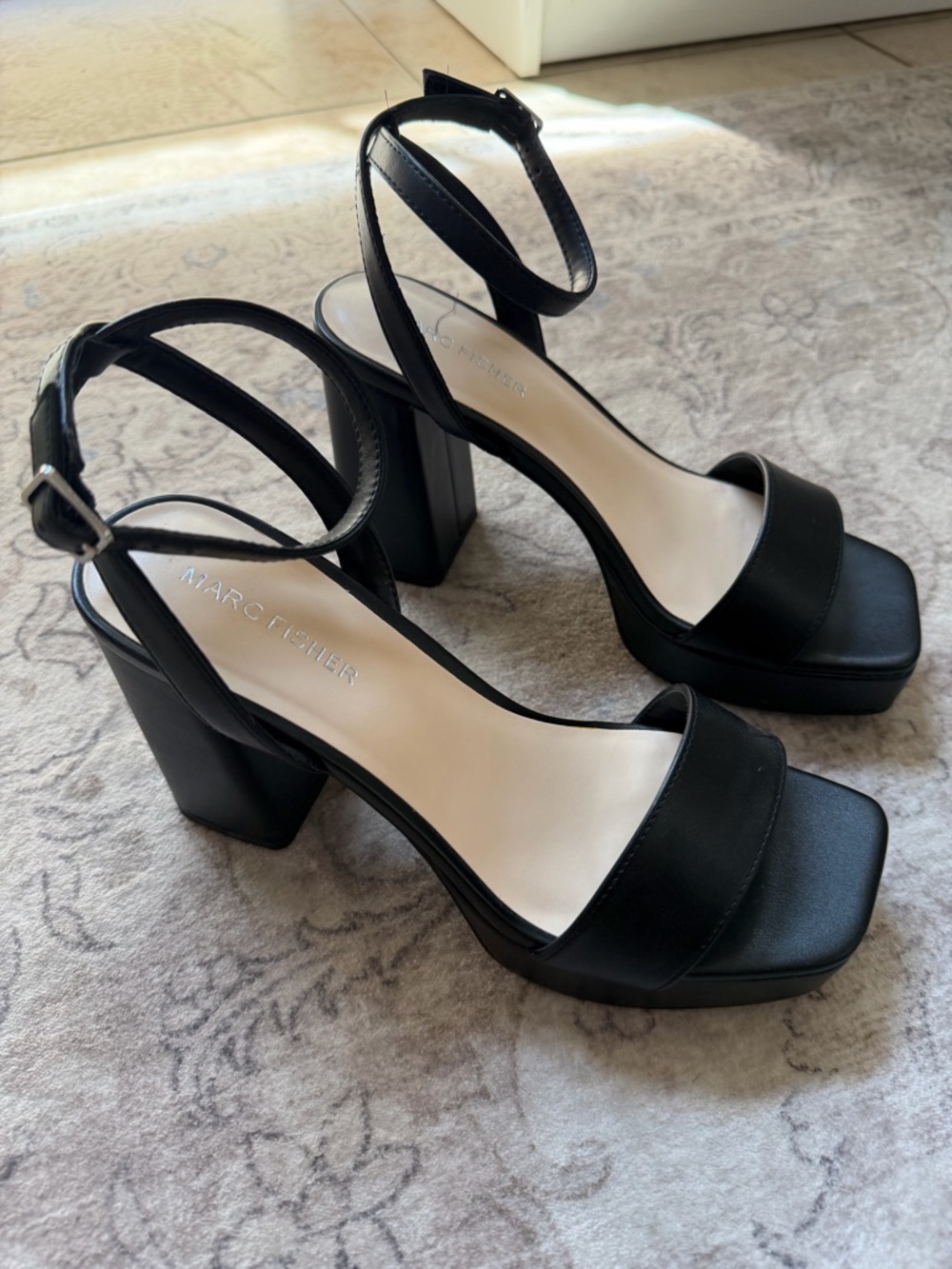 Marc Fisher Black Leather Platform Block Heel Sandals